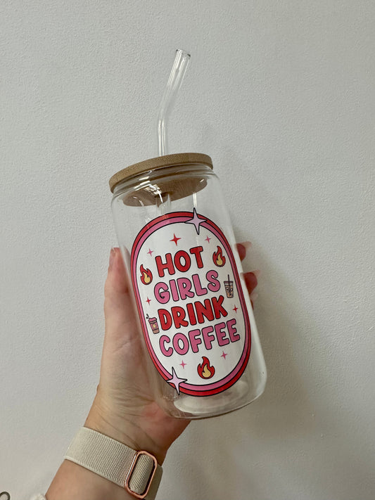 Hot girls drink coffee glass cup