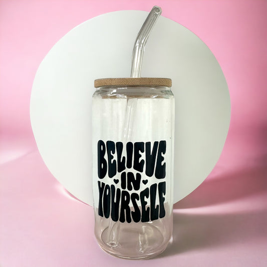 Believe in yourself glass cup with bamboo lid and straw